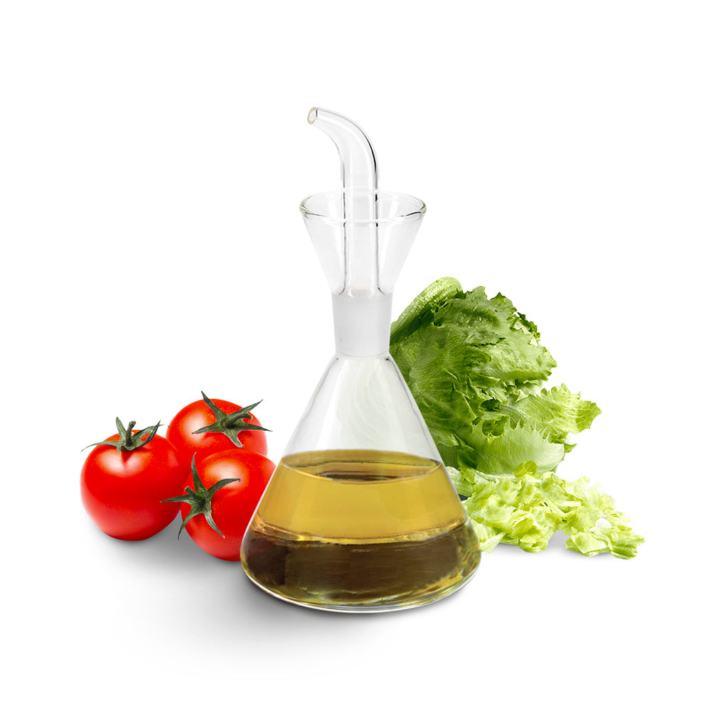 Glass oil cruet with anti-drip system, 250 ml capacity.