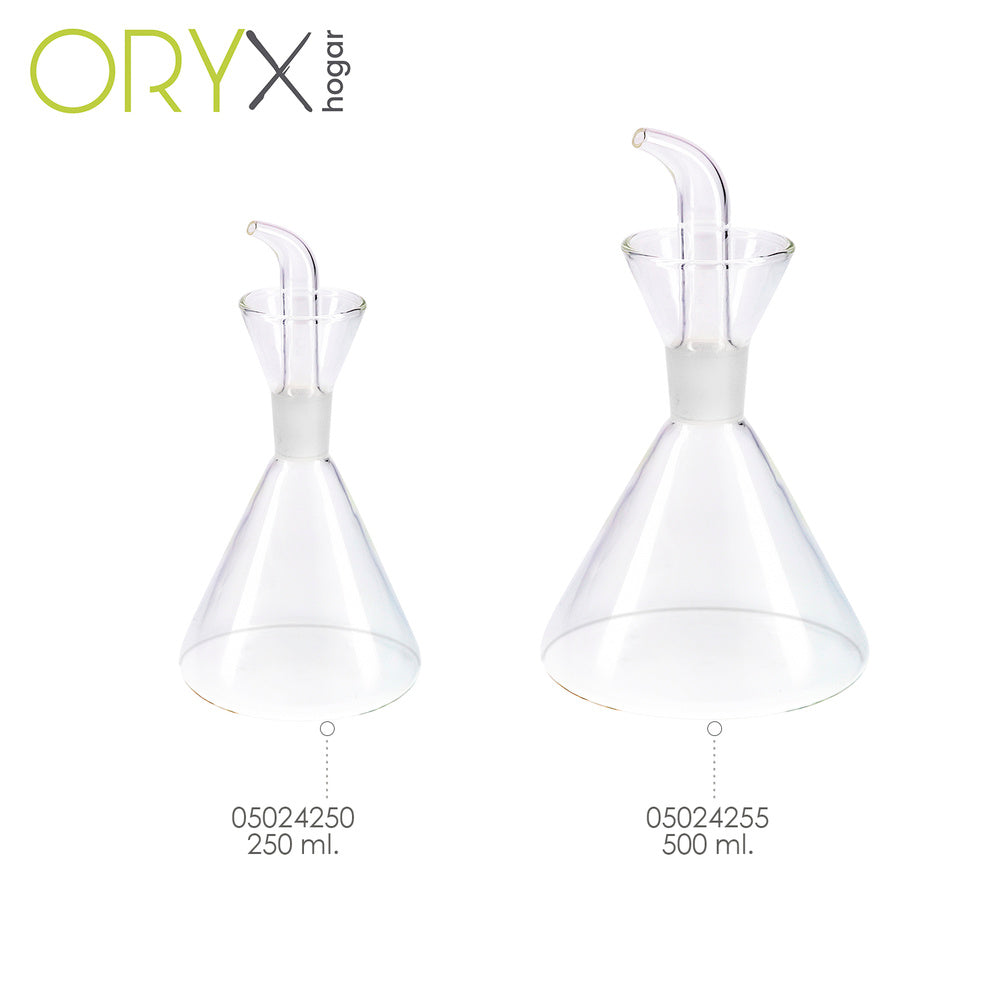Glass oil cruet with anti-drip system, 250 ml capacity.