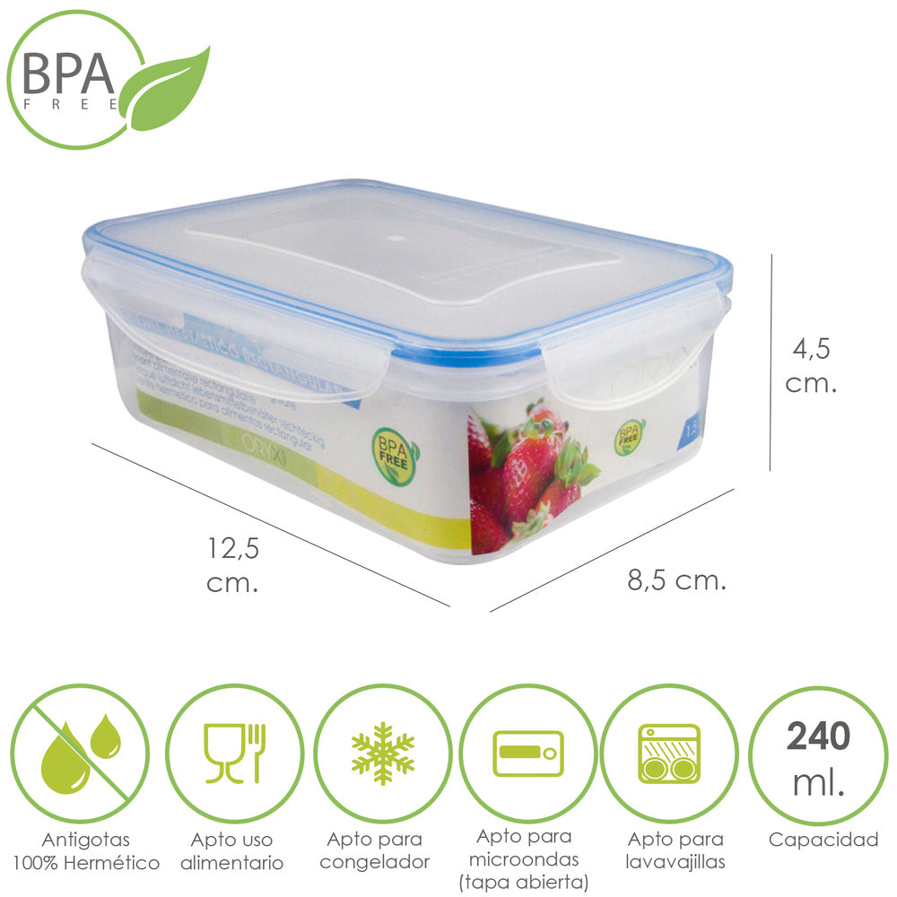 Airtight plastic container, rectangular, 240 ml, 12.5x8.5x4.5 (h) cm