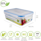 Recipiente hermético de plástico. retangular 500 ml. 15.5x10.5x5.5 (alt.) cm