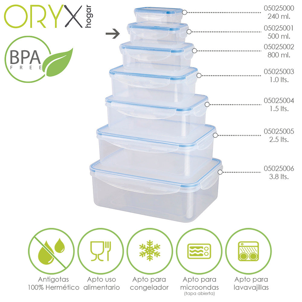 Airtight plastic container. rectangular 500 ml. 15.5x10.5x5.5 (h) cm