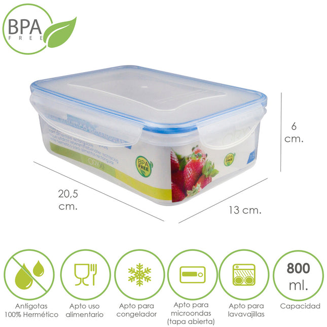 Recipiente hermetico plástico rectangular 800 ml. 20.5x13x6 (alt.) cm