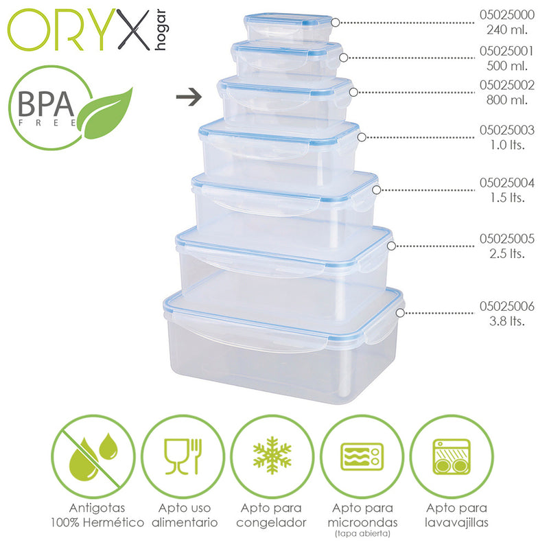 Recipiente hermetico plástico rectangular 800 ml. 20.5x13x6 (alt.) cm