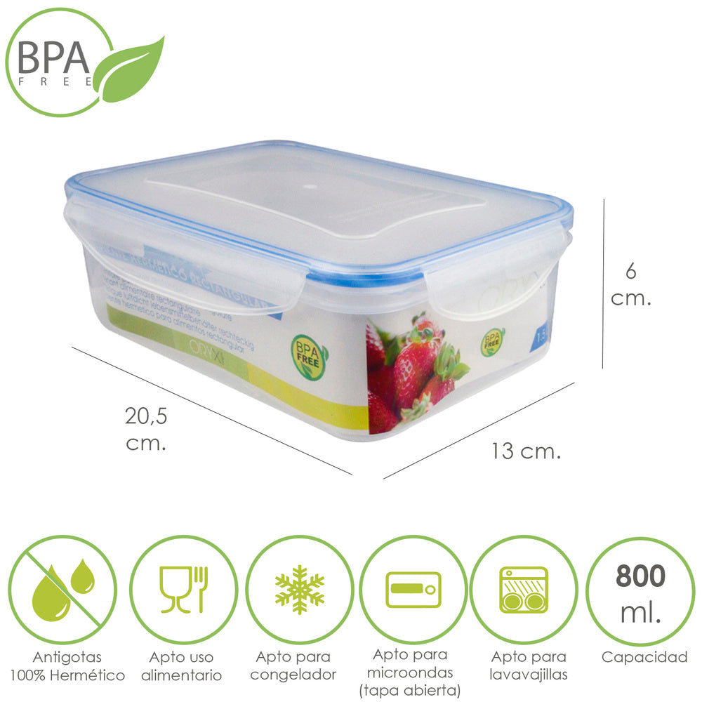 Airtight plastic container, rectangular, 800 ml. 20.5x13x6 (H) cm
