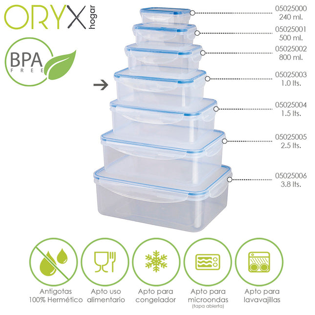 Recipiente hermetico plástico rectangular 1.000 ml. 19x12.5x6.5 (alt.) cm