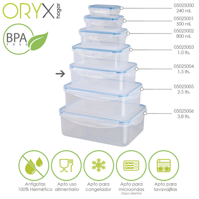 Recipiente hermetico plástico rectangular 1.500 ml. 22x15x7.5 (alt.) cm