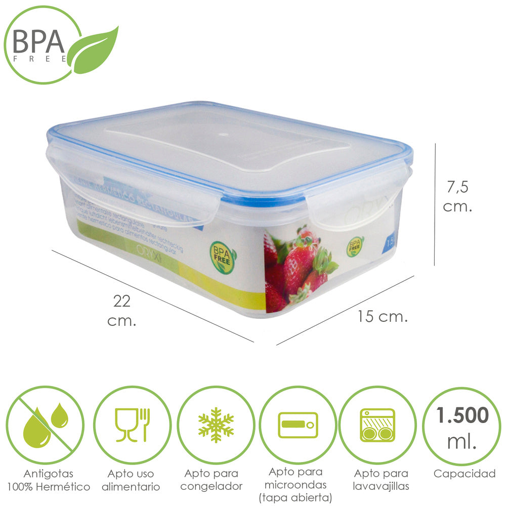 Airtight plastic container, rectangular, 1,500 ml. 22x15x7.5 (H) cm