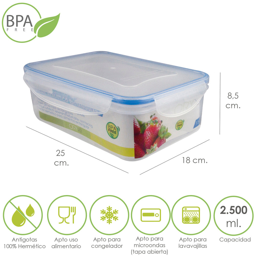 Airtight plastic container. Rectangular 2,500 ml. 25x18x8.5 (H) cm