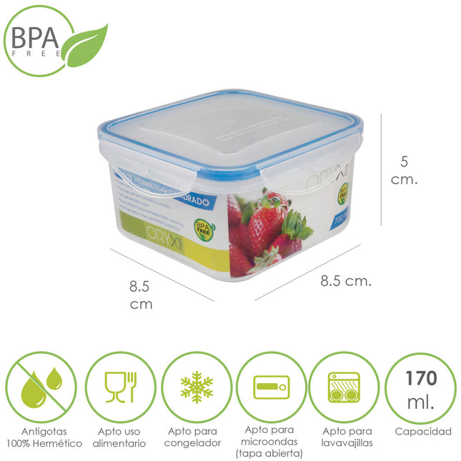 Recipiente hermetico plástico cuadrado 170 ml.  8.5x8.5x5 (alt.) cm