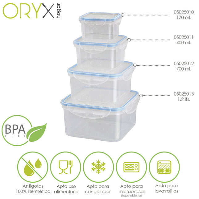 Recipiente hermetico plástico cuadrado 170 ml.  8.5x8.5x5 (alt.) cm