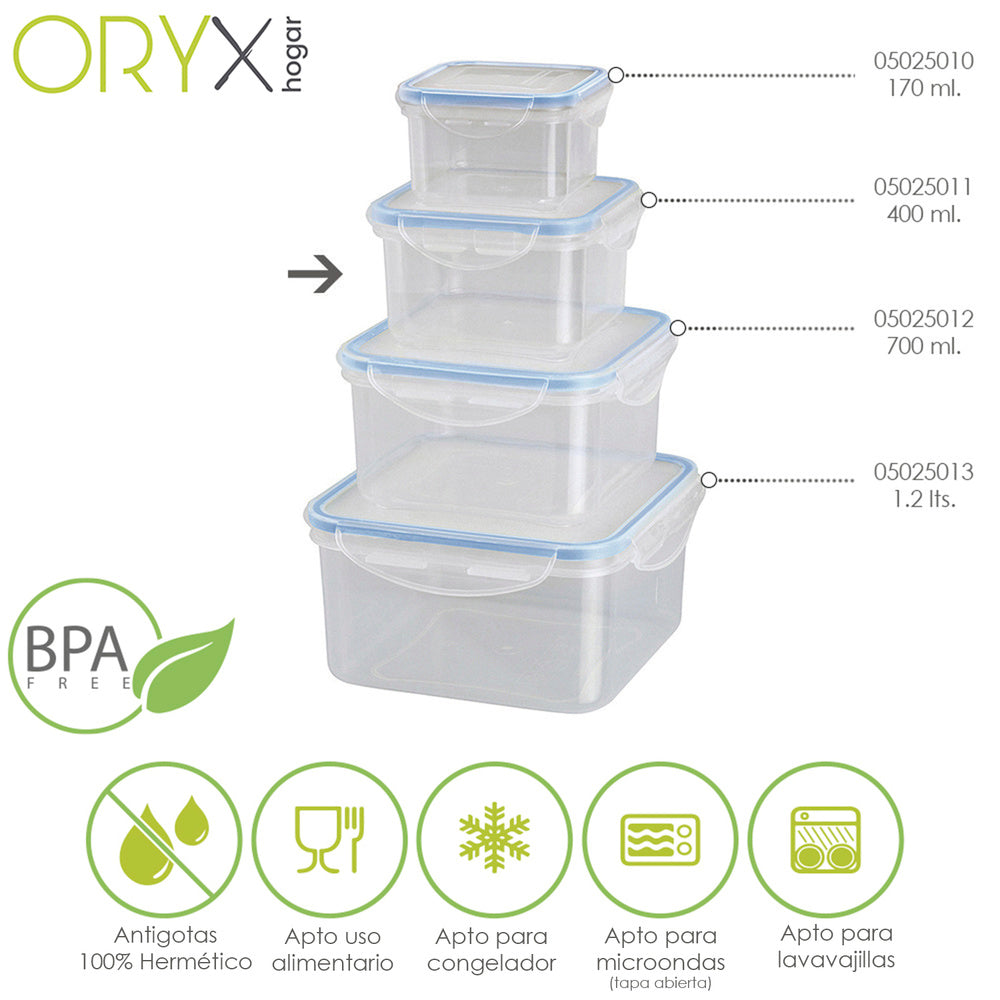 Airtight plastic container. square 400 ml. 11x11x6 (h) cm