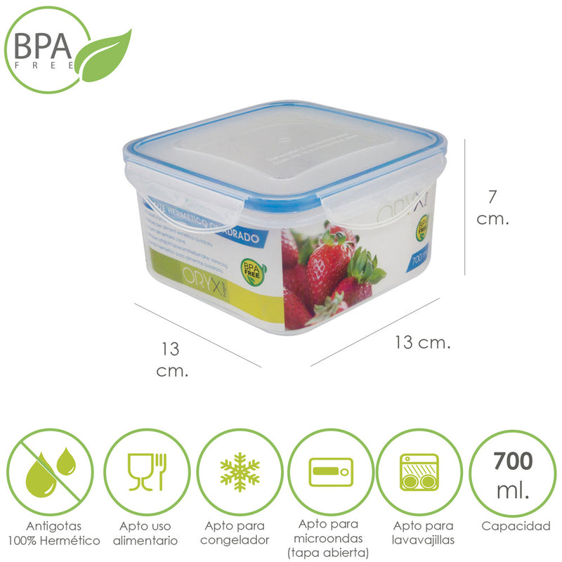 Recipiente hermetico plástico cuadrado 700 ml.  13x13x7 (alt.) cm