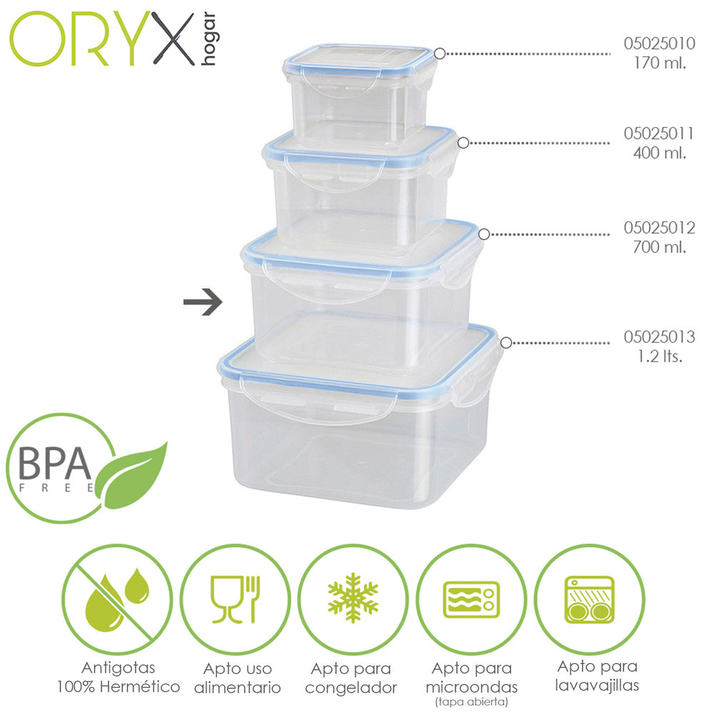 Airtight plastic container, square 700 ml. 13x13x7 (h) cm