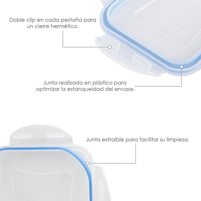 Recipiente hermetico plástico cuadrado 1200 ml.  15x15x8 (alt.) cm