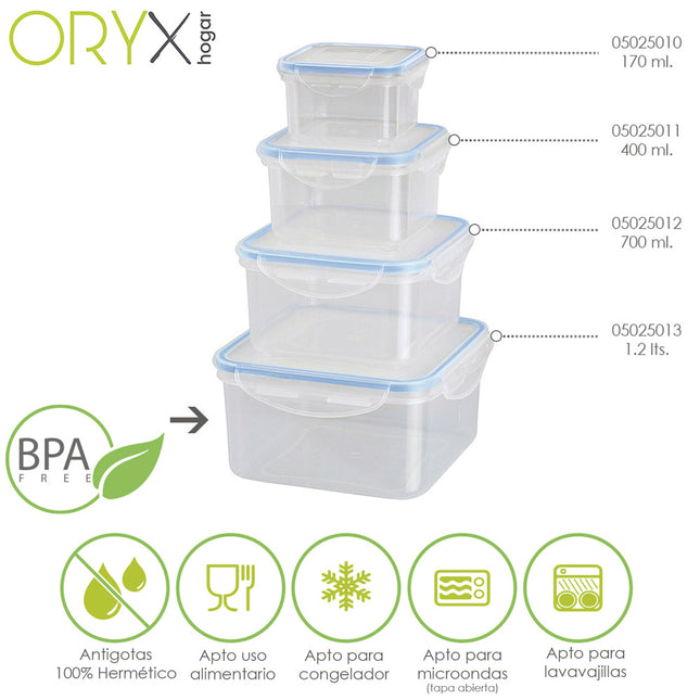 Recipiente hermetico plástico cuadrado 1200 ml.  15x15x8 (alt.) cm