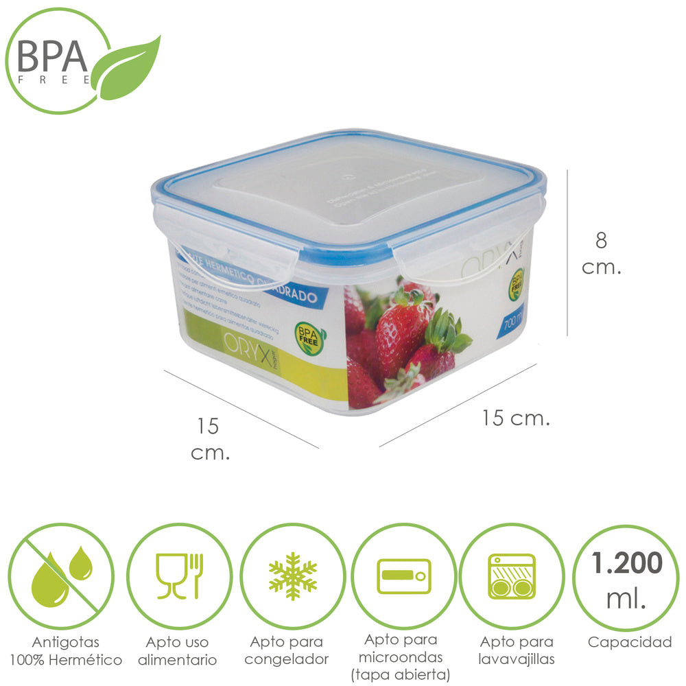 Airtight plastic container, square 1200 ml. 15x15x8 (h) cm