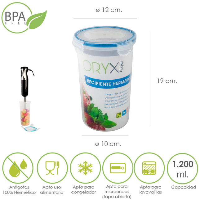 Recipiente hermetico plástico redondo 1.200 ml.  ø 12 x 19 (alt.) cm