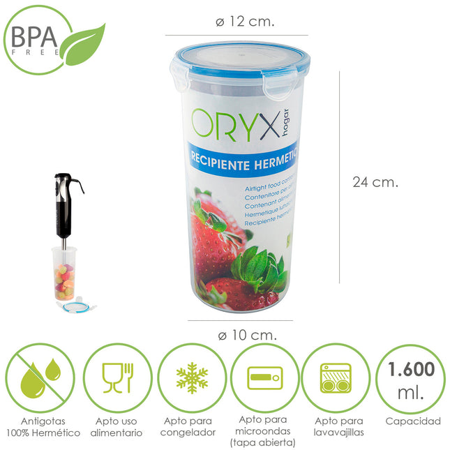 Recipiente hermetico plástico redondo 1.600 ml.  ø 12 x 24 (alt.) cm
