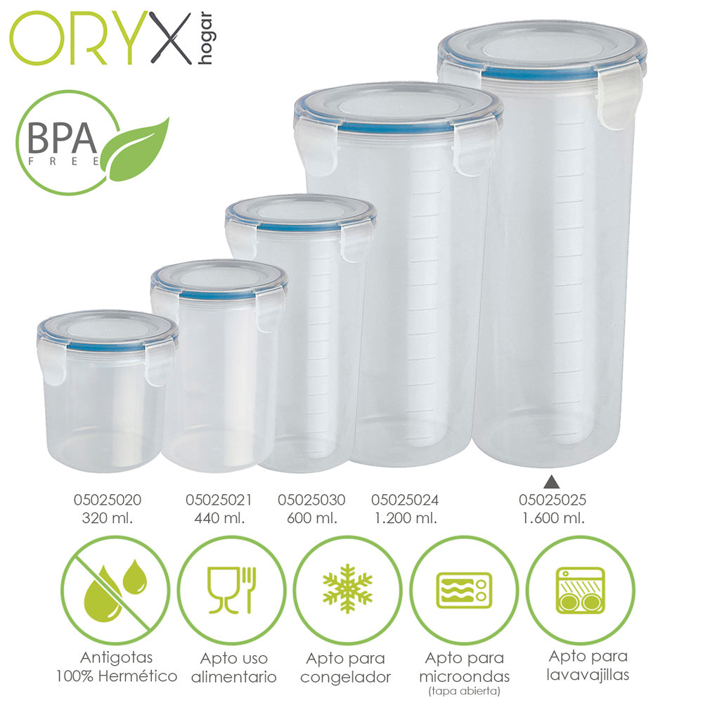Round airtight plastic container 1,600 ml. Ø 12 x 24 (h) cm