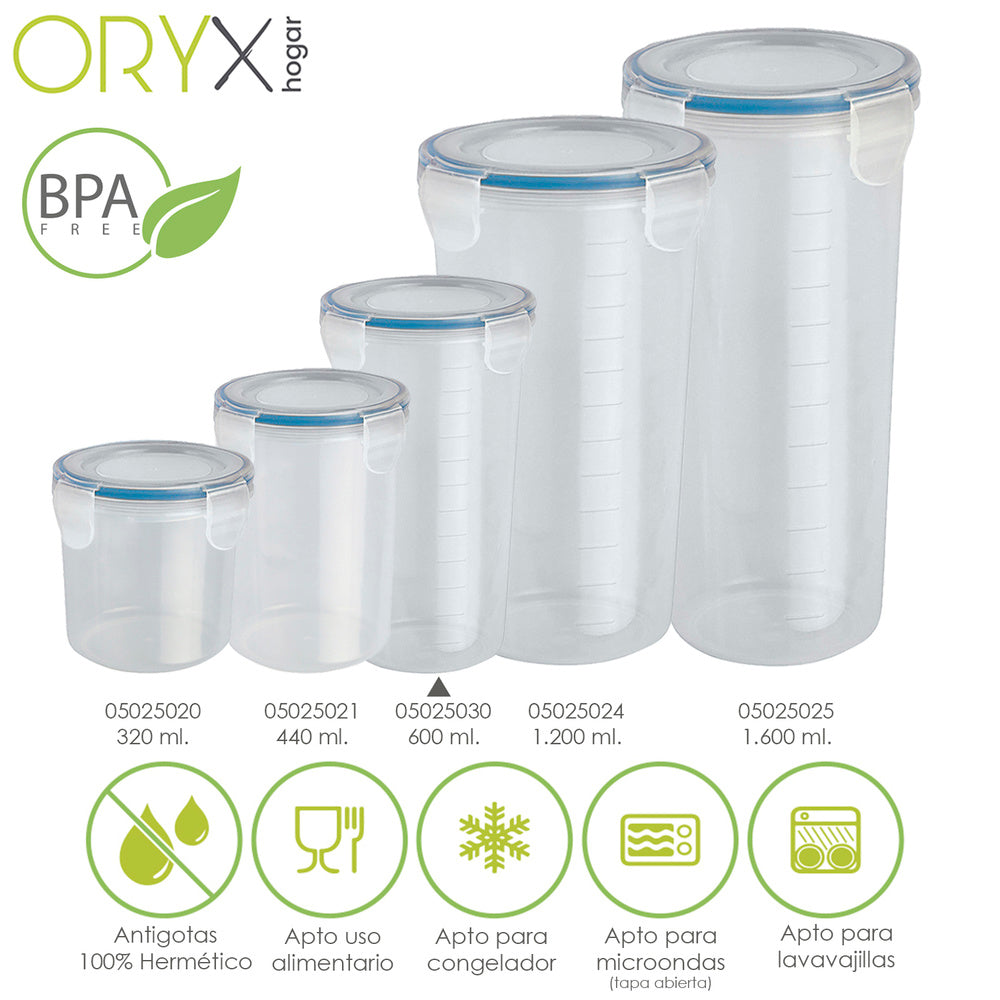 Plastic round airtight measuring container 600 ml. Ø 9x18.5 (h) cm