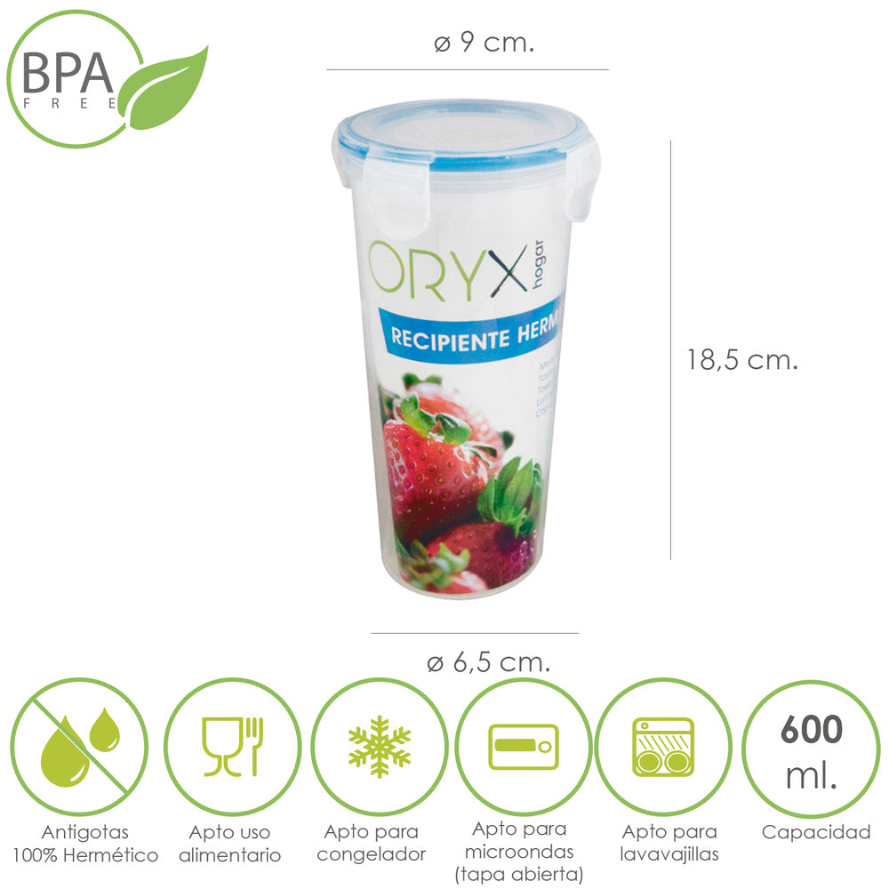 Plastic round airtight measuring container 600 ml. Ø 9x18.5 (h) cm