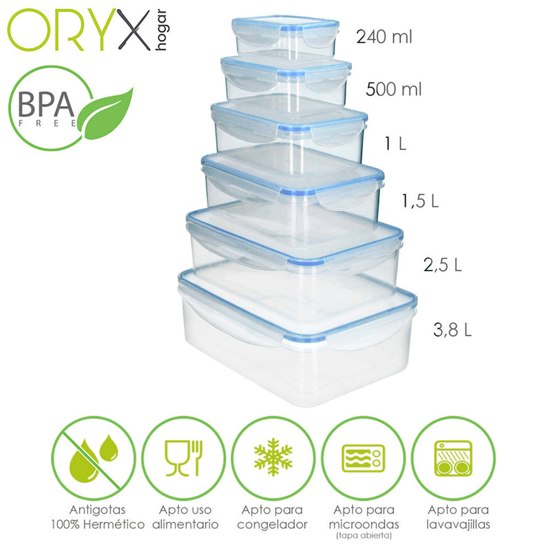 Juego recipientes cierres hermeticos plástico rectangulares (6 piezas)