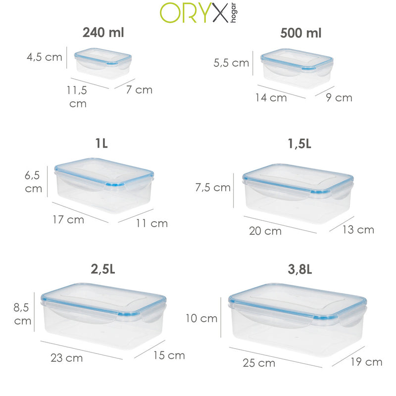 Juego recipientes cierres hermeticos plástico rectangulares (6 piezas)