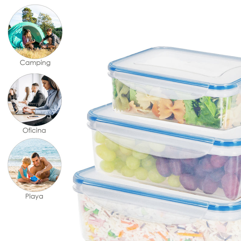 Juego recipientes cierres hermeticos plástico rectangulares (6 piezas)