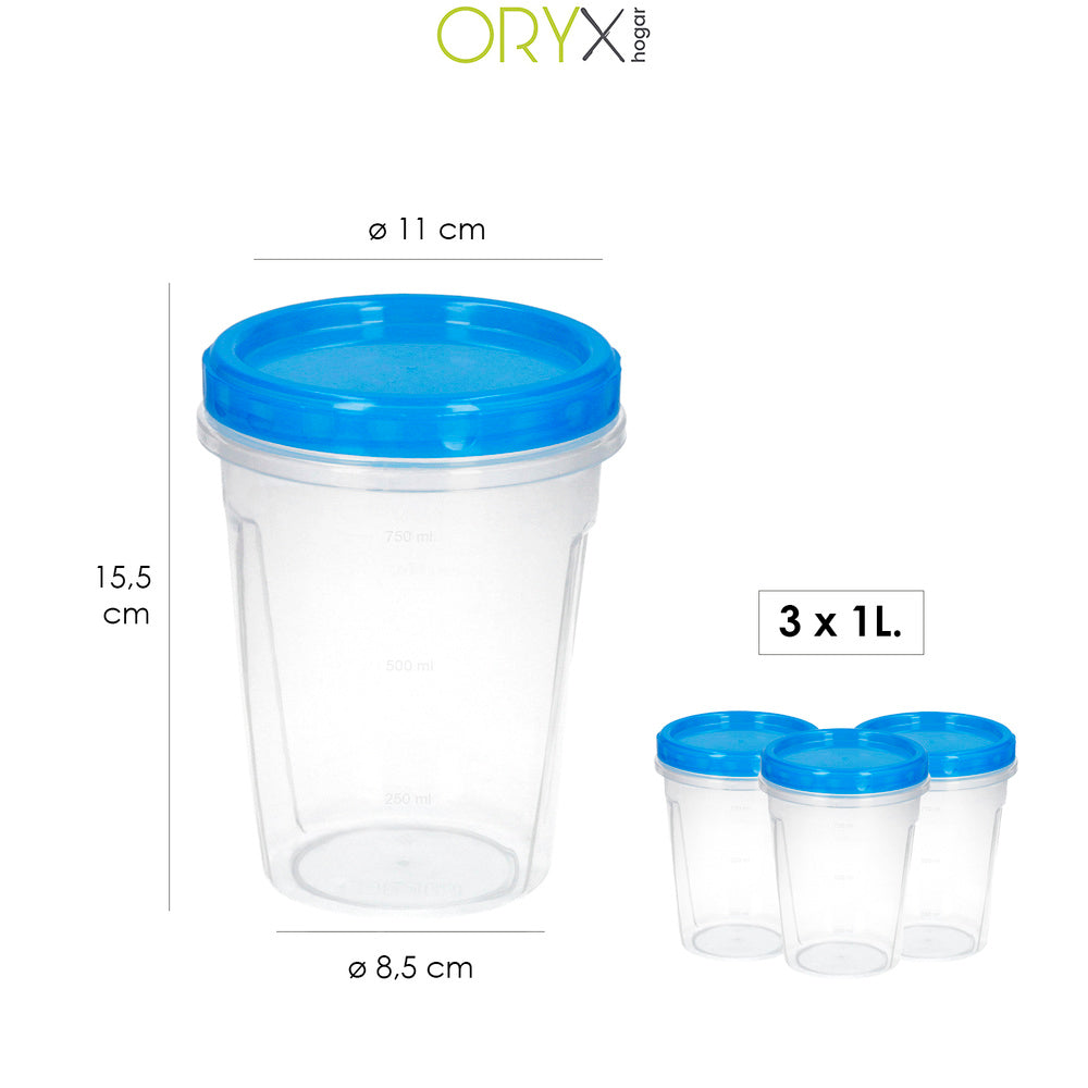 Set of 3 round plastic containers, 1 liter