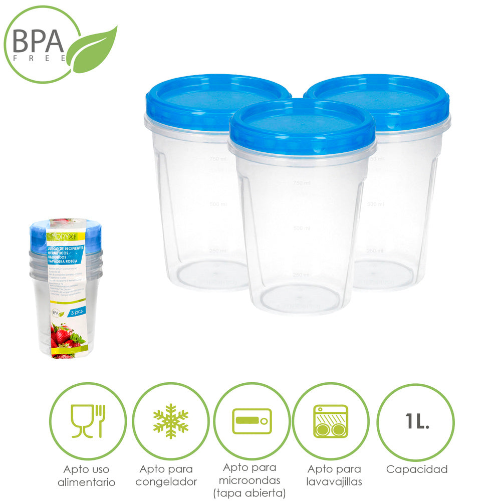 Set of 3 round plastic containers, 1 liter