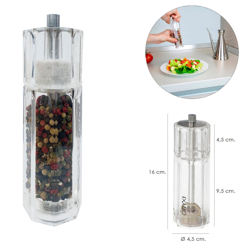 Salero / molinillo pimienta acrílico 2 en 1 salero pimentero ajustable ø 4,5 x 16 cm