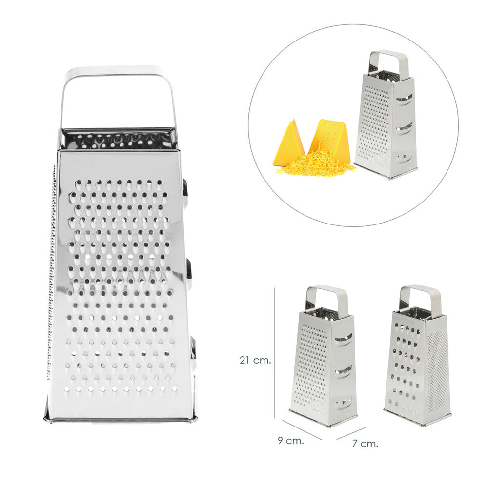 Stainless steel grater, 4 different cuts, vertical.