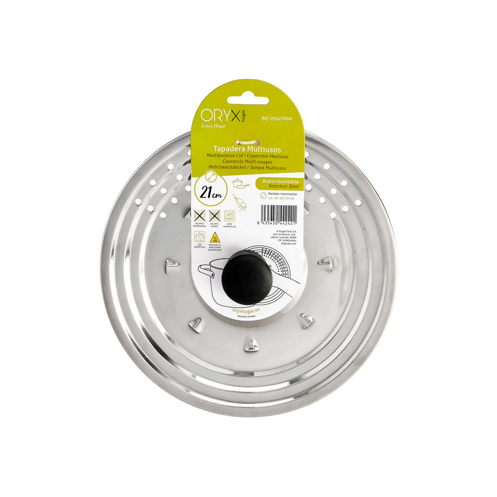 Tapadera multiusos acero inoxidable ø 21 cm uso tapa anti salpicaduras y escurridor. Tapadera adpatable diferentes medidas