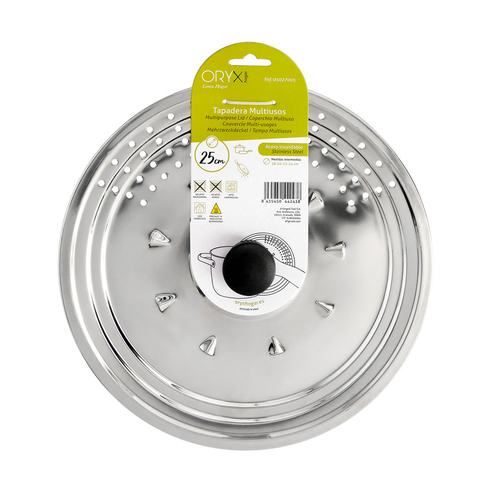 Tapadera multiusos acero inoxidable ø 25 cm uso tapa anti salpicaduras y escurridor. Tapadera adpatable diferentes medidas