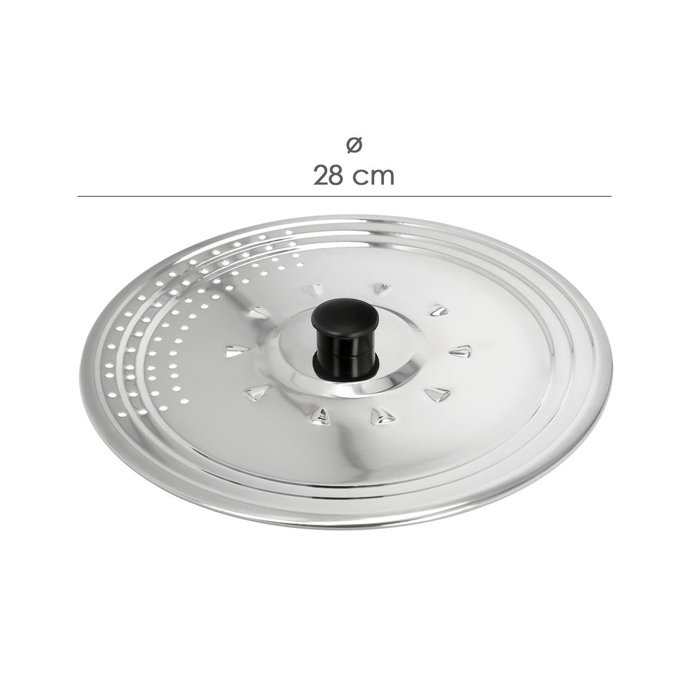 Multipurpose stainless steel lid ø 28 cm, can be used as a splatter guard and colander. Adaptable lid for different sizes.