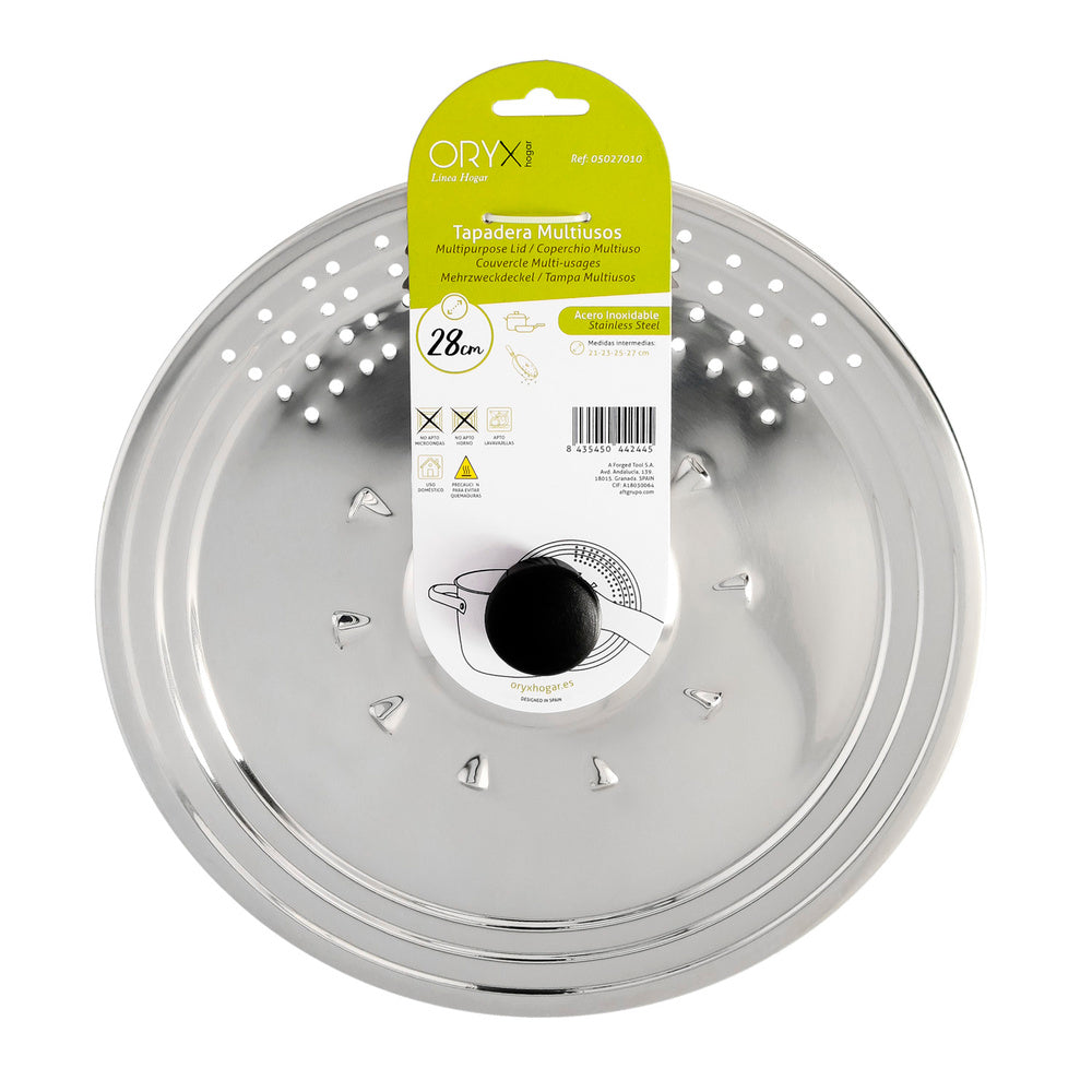 Tapadera multiusos acero inoxidable ø 28 cm uso tapa anti salpicaduras y escurridor. Tapadera adpatable diferentes medidas
