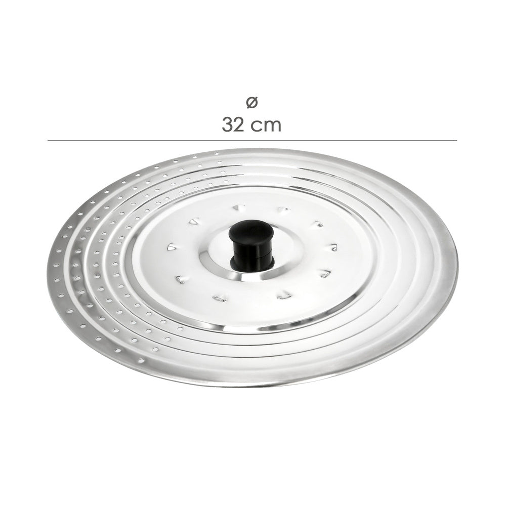 Multipurpose stainless steel lid ø 32 cm — splash guard and strainer. Adaptable to different sizes.