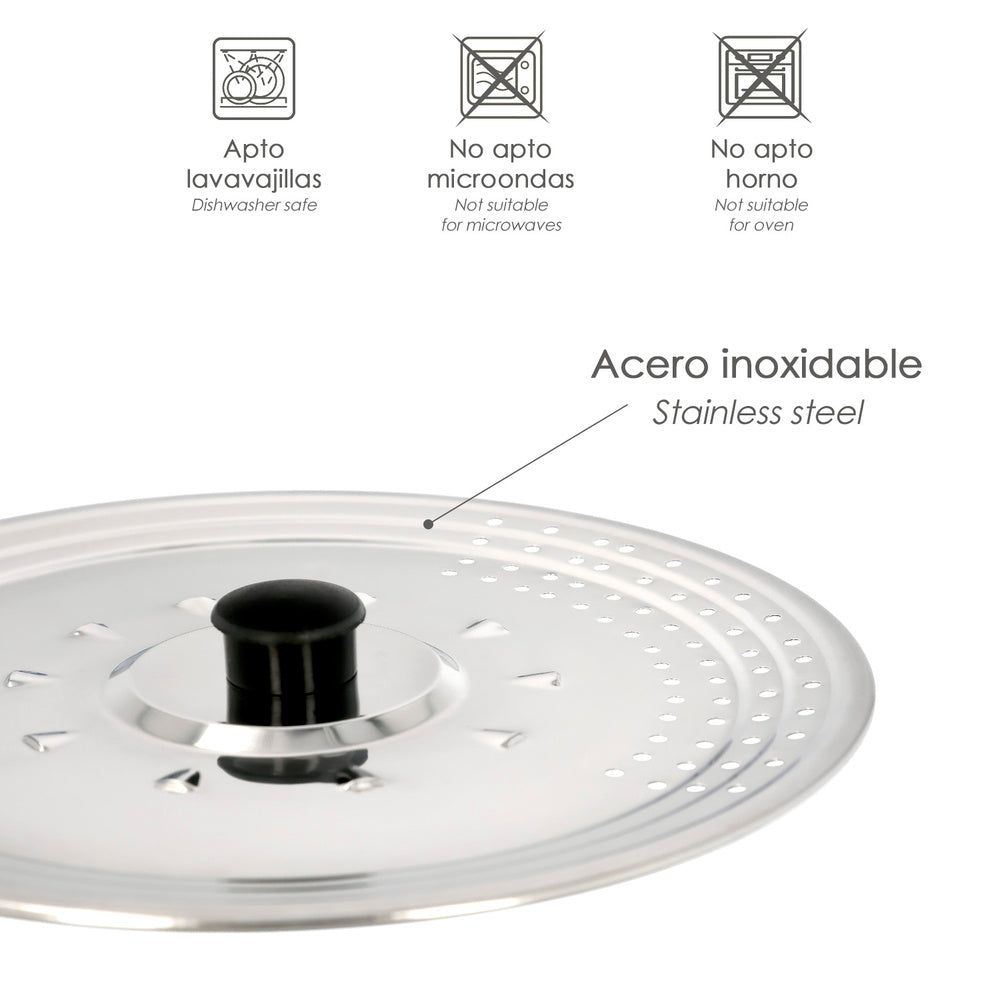 Multipurpose stainless steel lid ø 32 cm — splash guard and strainer. Adaptable to different sizes.