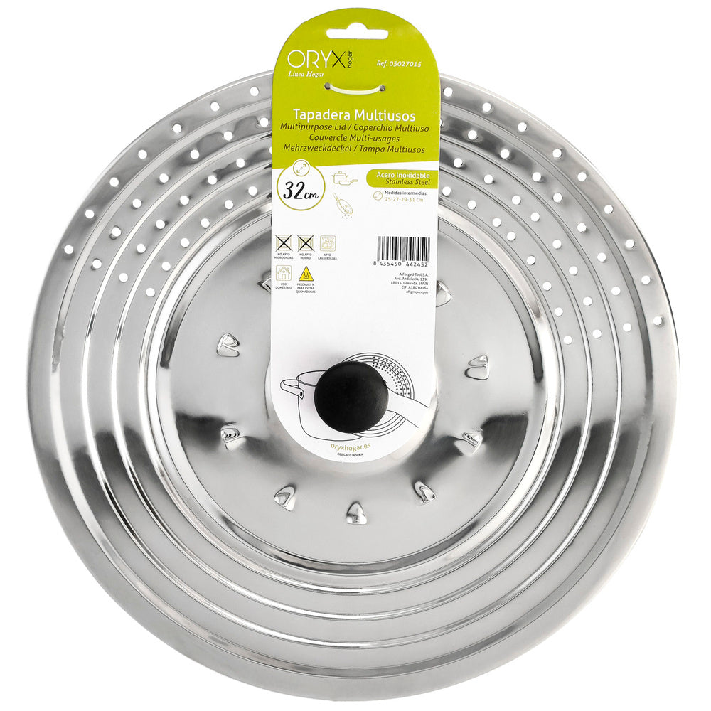 Tapadera multiusos acero inoxidable ø 32 cm uso tapa anti salpicaduras y escurridor. Tapadera adpatable diferentes medidas
