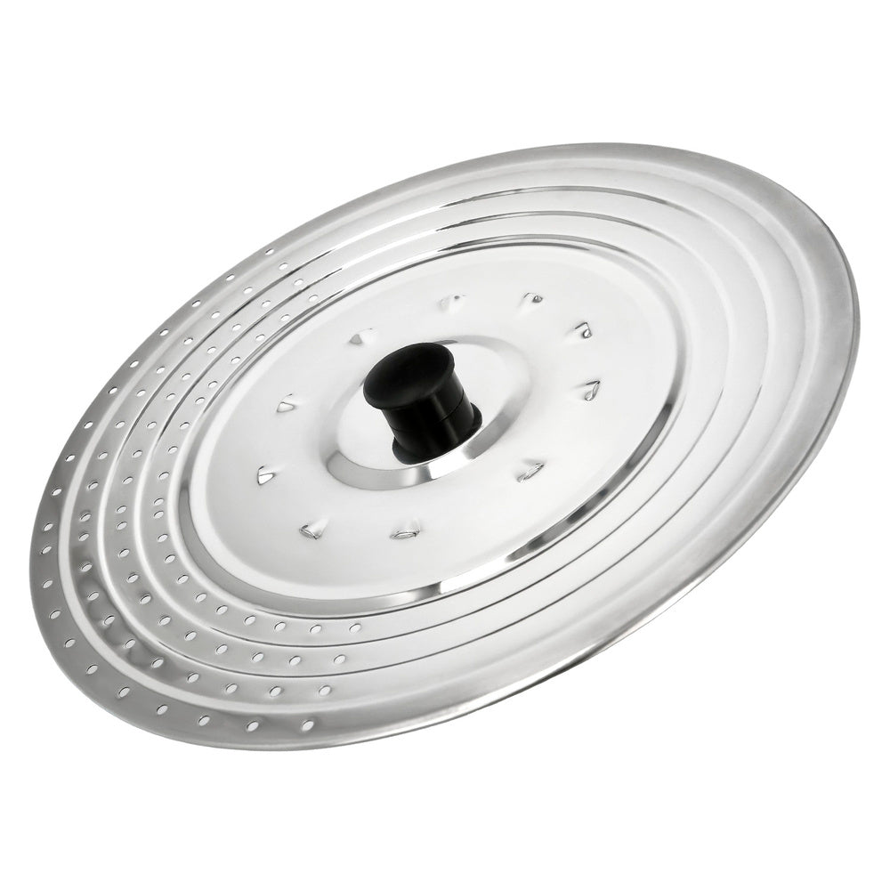 Multipurpose stainless steel lid ø 32 cm — splash guard and strainer. Adaptable to different sizes.