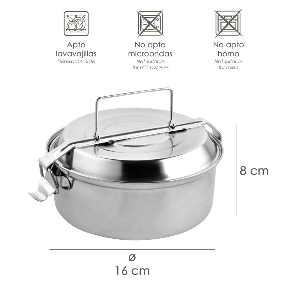 Stainless steel lunch box with 2 compartments, 16 cm diameter, metal lunch box, metal food container