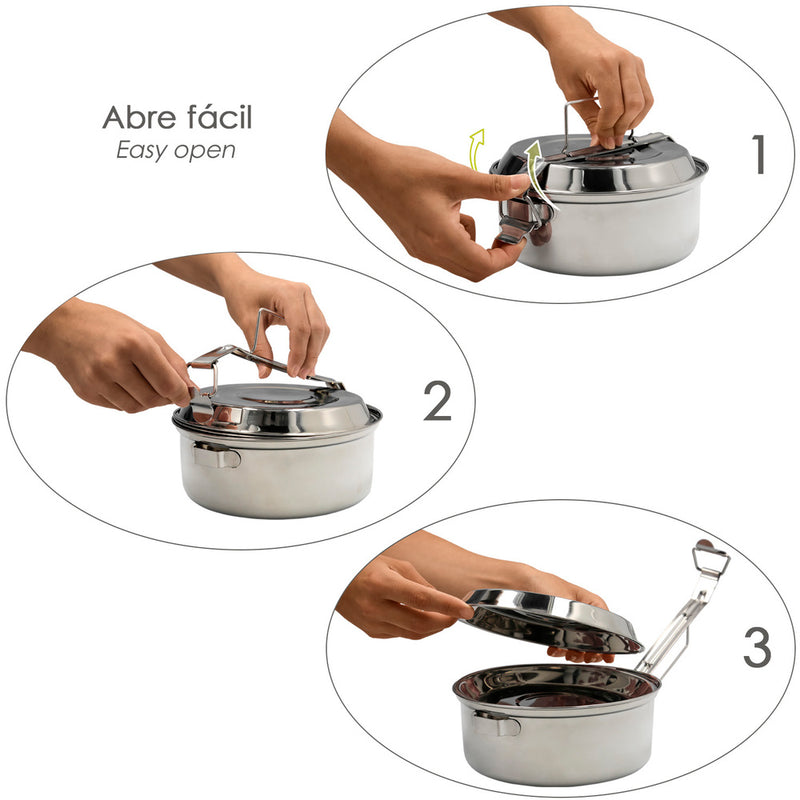 Fiambrera metalica de acero inoxidable con 2 platos ø 16 cm. lunch box, fiambrera metalica, porta alimentos metálico,