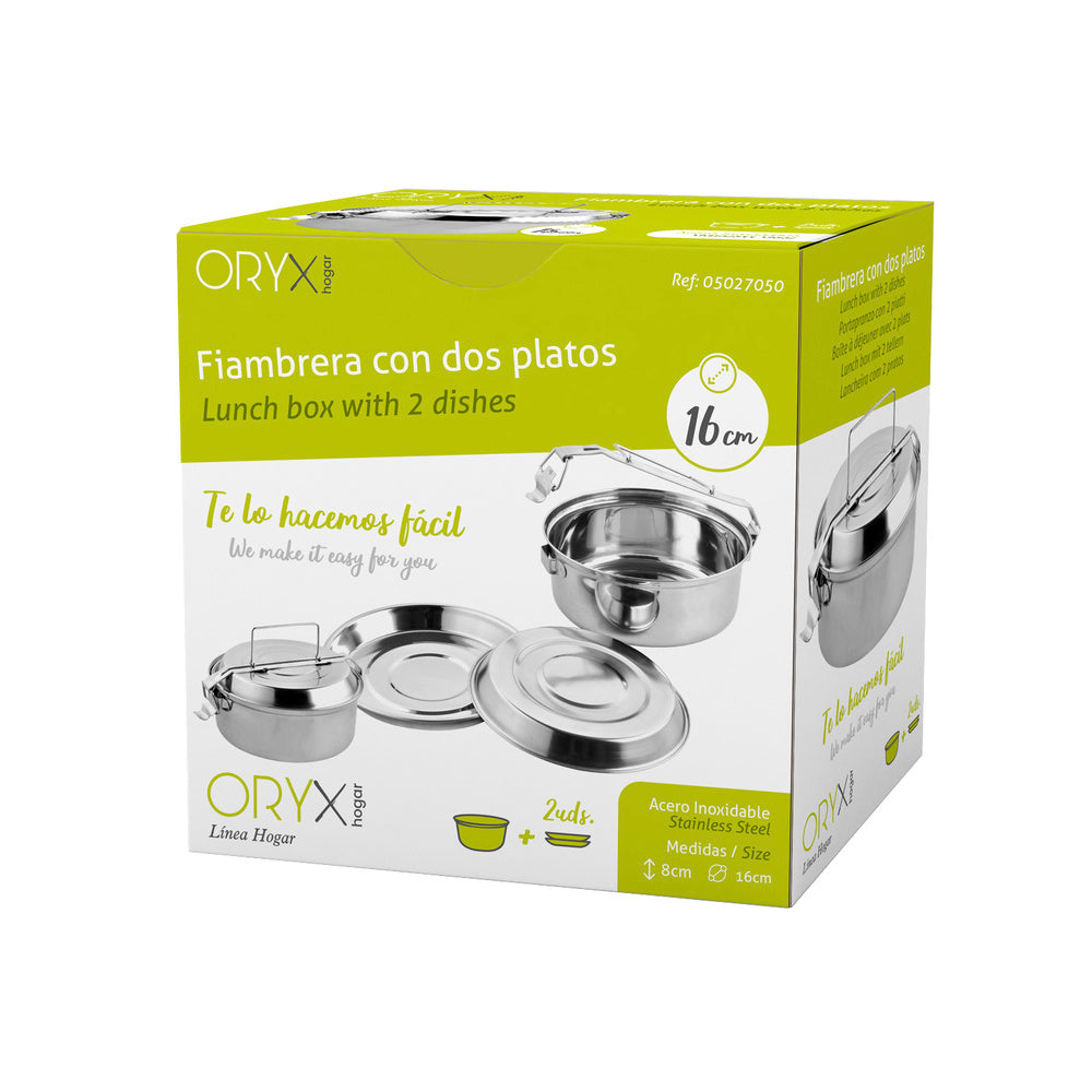 Fiambrera metalica de acero inoxidable con 2 platos ø 16 cm lunch box, fiambrera metalica, porta alimentos metalico,