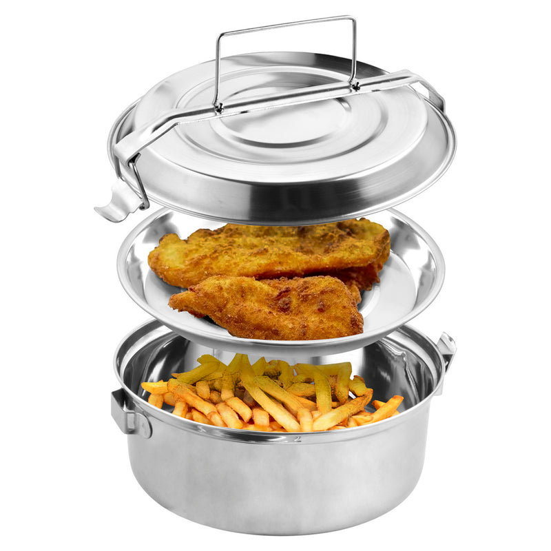 Fiambrera metalica de acero inoxidable con 2 platos ø 18 cm. lunch box, fiambrera metalica, porta alimentos metálico,
