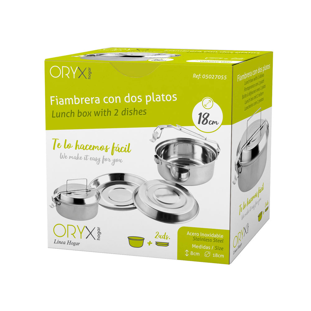 Fiambrera metalica de acero inoxidable con 2 platos ø 18 cm lunch box, fiambrera metalica, porta alimentos metalico,