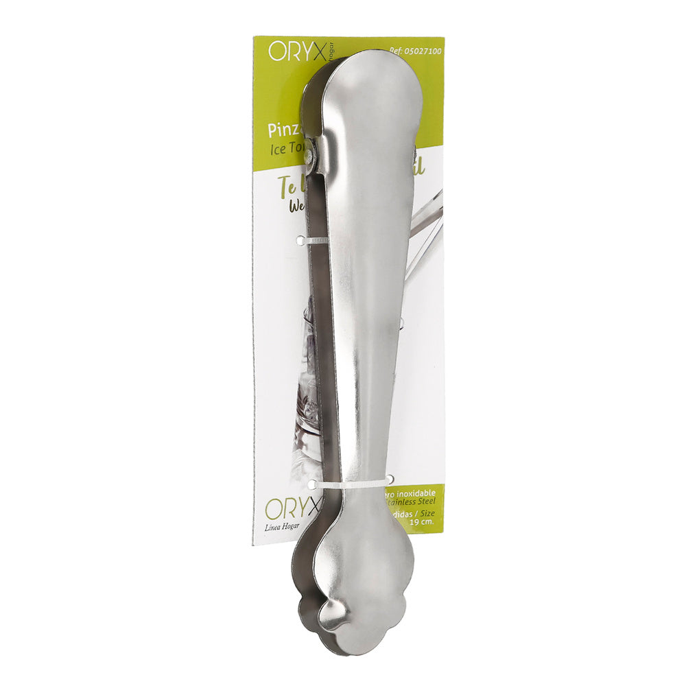 Stainless steel ice tongs with self-opening spring. Length 19 cm