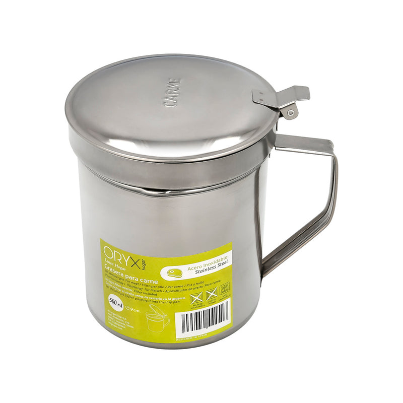 Grasera acero inoxidable para carne, aceitera aceite usado 0,5 lts. con colador y tapa, recipiente reciclaje aceite usado carne