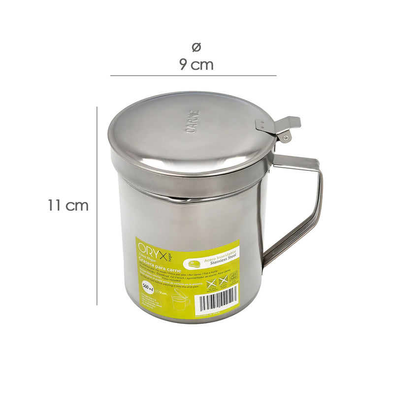 Grasera acero inoxidable para carne, aceitera aceite usado 0,5 lts. con colador y tapa, recipiente reciclaje aceite usado carne