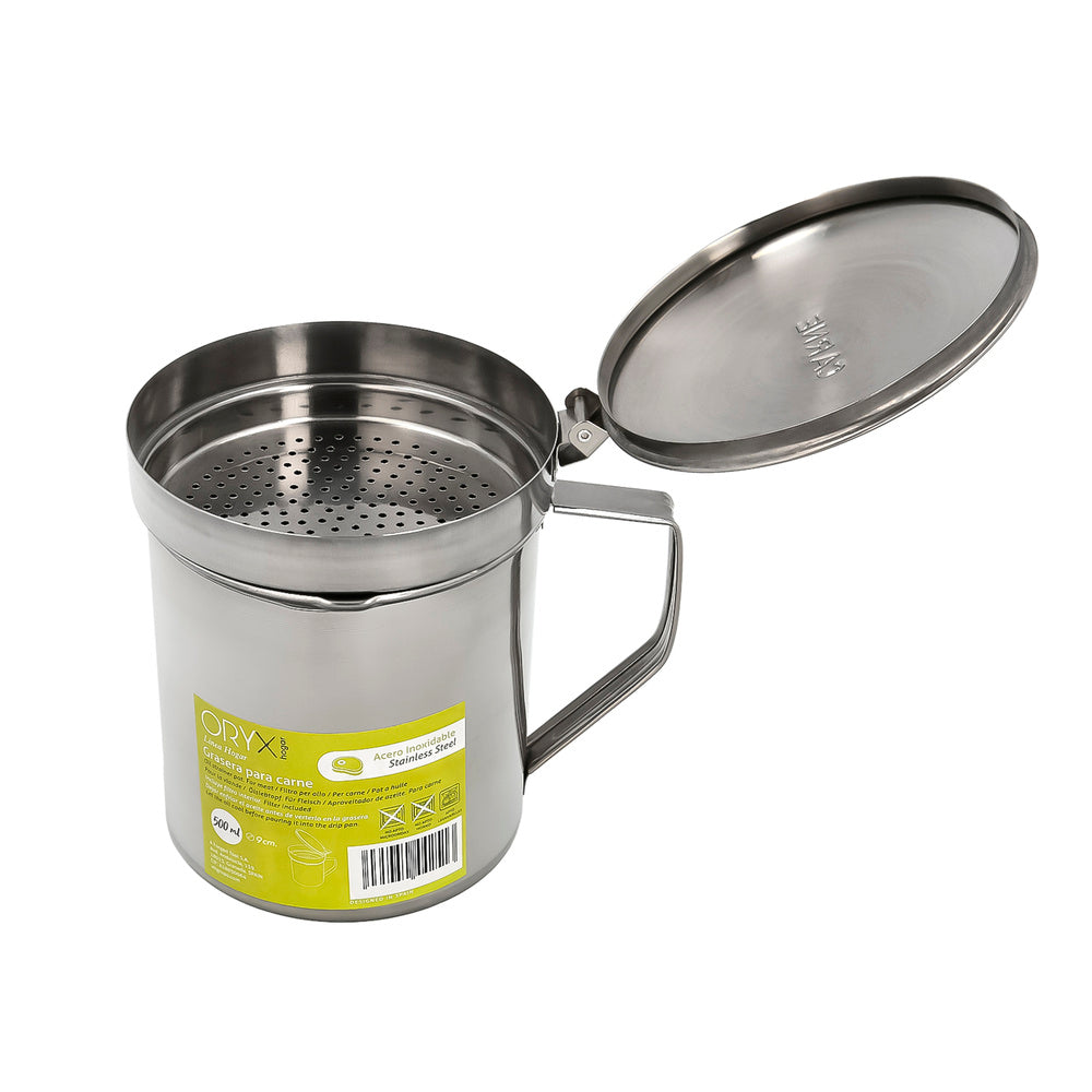 Stainless steel grease container for meat, used oil dispenser 0.5 liters. With strainer and lid
