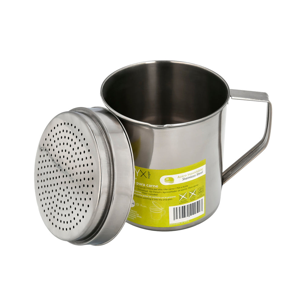 Stainless steel grease container for meat, used oil dispenser 0.5 liters. With strainer and lid